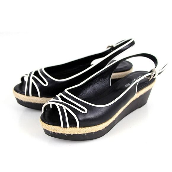 Sergio Rossi BLACK WHITE GENUINE LEATHER OPEN TOE PLATFORM SLINGBACKS SHOES 37 - Picture 3 of 11